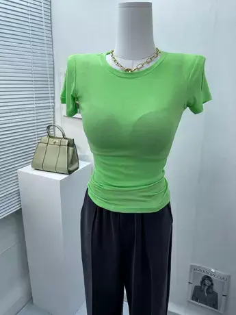 舒适大弹力圆领短袖T恤女纯色紧身性感薄款微透体恤打底衫上衣夏商品大图