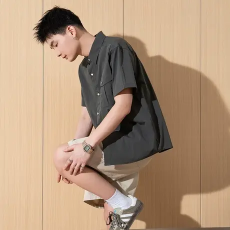 唐狮夏季新款男短袖衬衫白色简约宽松翻领开衫上衣日系衬衣潮商品大图