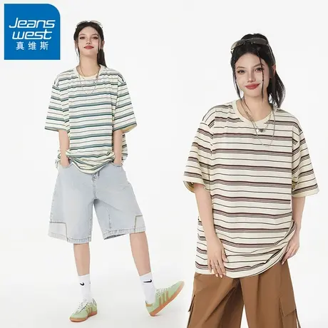 N5真维斯短袖T恤男2025夏季新款美式潮牌圆领条纹情侣装男女同款商品大图