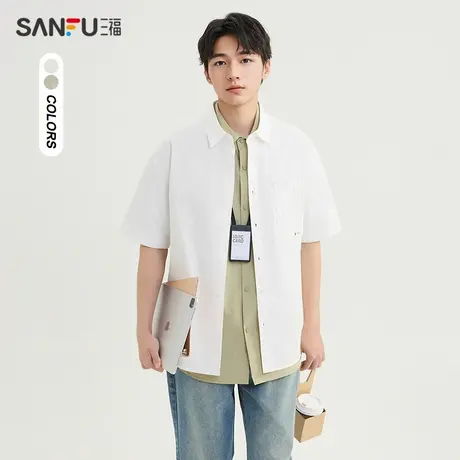 三福2025夏季男士口袋印花短衬衫 都市气质翻领上衣男498459图片
