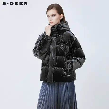sdeer圣迪奥2021冬装新款高领连帽丝绒短款白鸭绒羽绒服S21462409图片