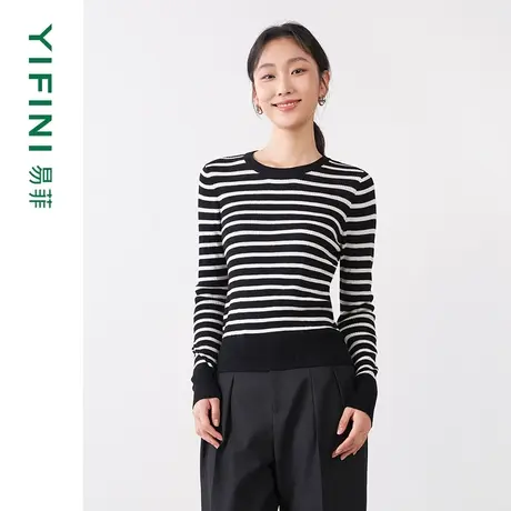 Yifini/易菲圆领条纹长袖针织衫女春秋新款打底衫外穿单穿商品大图