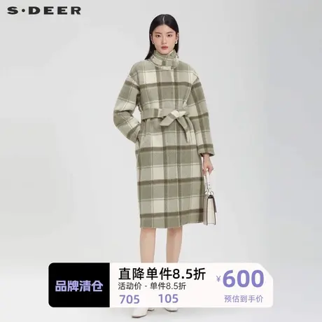sdeer圣迪奥女装立领格纹收腰长款毛呢大衣S223Z2506图片