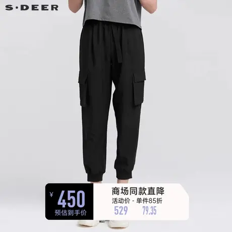 sdeer圣迪奥夏装松紧腰带蕾丝拼接黑色工装长裤女S22280815图片