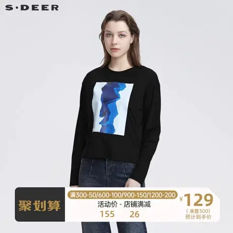 sdeer圣迪奥女装休闲圆领撞色胶印黑色长袖T恤S22180213图片