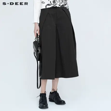 sdeer圣迪奥女装时尚拼接黑色高腰阔腿九分裤S21180821图片