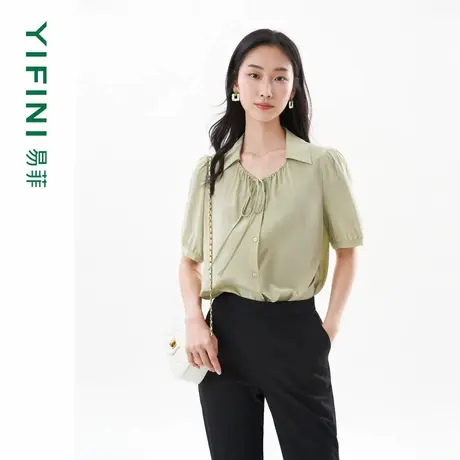 [专柜同款]Yifini/易菲100%真丝桑蚕丝宽松翻领短款小衫新款图片