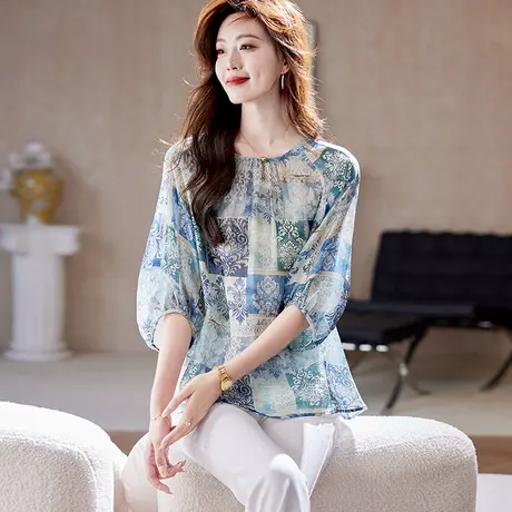 宝诗黎灯笼袖格子印花衬衫2025夏季慵懒百搭宽松气质大码雪纺衫女商品大图