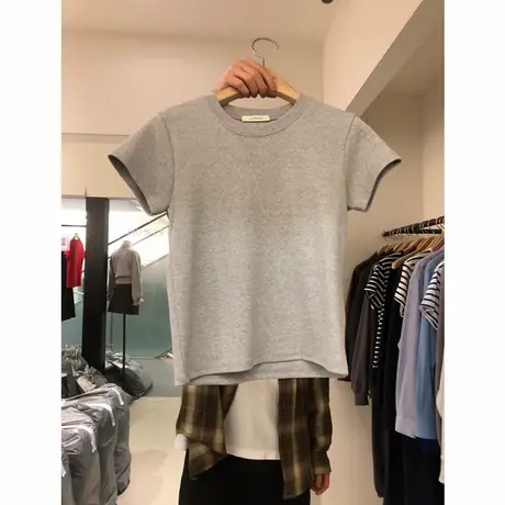 韩国东大门夏季新款简约舒适百搭显瘦休闲圆领纯棉正肩短袖t恤女商品大图