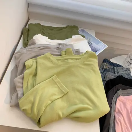 纯色简约风长袖T恤女秋季百搭韩版宽松显瘦打底衫内搭外穿上衣服商品大图