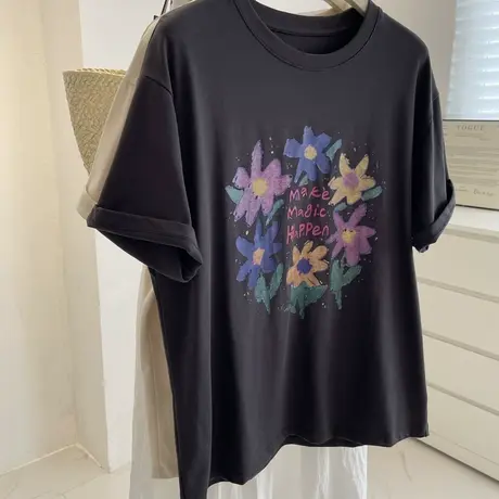美式复古花朵印花短袖T恤女！夏慵懒宽松显瘦大版圆领休闲tee上衣图片