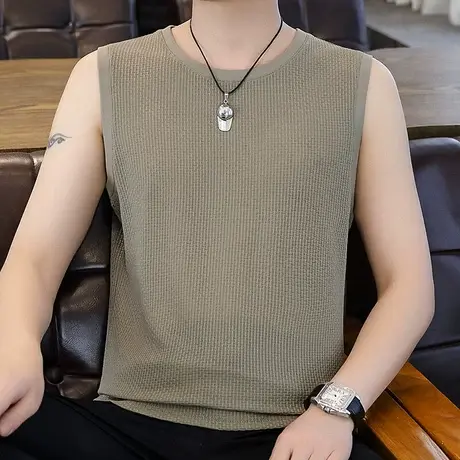 纯色冰丝背心男士无袖T恤圆领薄款坎肩百搭时尚轻奢高质量帅气潮图片
