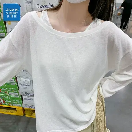 GL真维斯针织T恤女2025新款夏薄款宽松慵懒风显瘦背心罩衫两件套商品大图