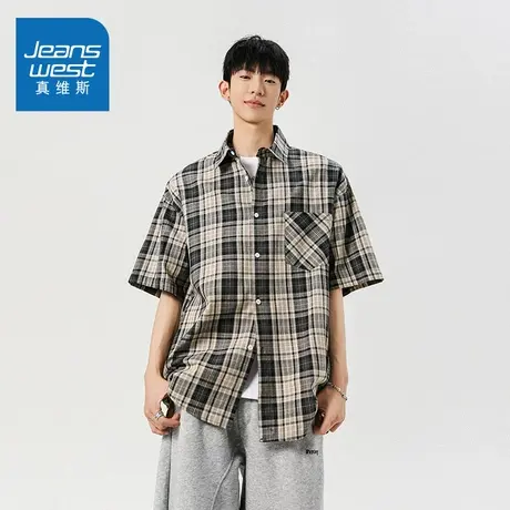 N5真维斯男士短袖衬衫2025夏季新款复古格子男生休闲宽松百搭衬衣商品大图