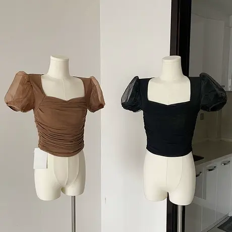 “甜筒少女”甜美压褶修身泡泡袖网纱上衣商品大图