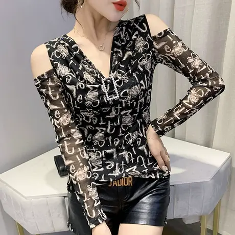 时尚印花T恤女装性感露肩V领上衣洋气紧身内搭打底衫女长袖春秋潮图片