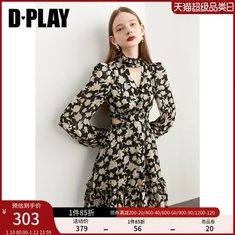 DPLAY秋装款气质减龄黑底粉花镂空设计长袖短款印花连衣裙图片