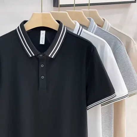 2025夏季商务休闲短袖T恤男装丝光棉撞色条纹领翻领短袖男Polo衫商品大图