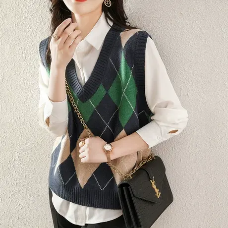 针织背心女士毛衣2024春秋新款叠穿宽松V领马甲菱形格子马夹外搭图片