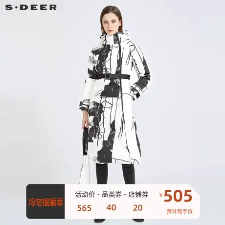 sdeer圣迪奥女装高领连帽印花收腰拼接长款羽绒服S20482486📁商品大图