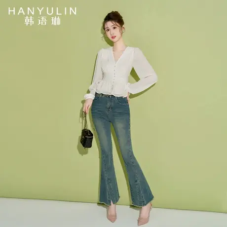 蓝色高腰牛仔裤女2025新款夏季显瘦显高微喇叭裤长裤春款修身裤子图片