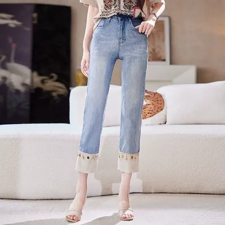 宝诗黎高腰提花拼接牛仔裤2025夏季小个子气质休闲百搭直筒九分裤商品大图