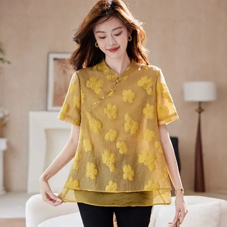 宝诗黎圆领提花短袖雪纺衬衫2025夏季时尚洋气百搭减龄新中式小衫商品大图