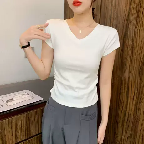 罗纹v领短袖T恤女2025春夏季新款正肩修身显瘦高腰抽褶设计上衣女商品大图