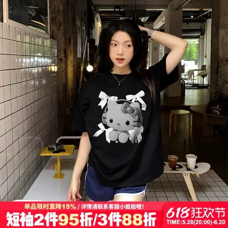 下衣失踪大版甜酷风设计感Kitty猫印花黑色短袖女t恤宽松正肩上衣商品大图