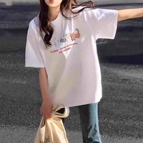 vintage大码穿搭独特设计感上衣慵懒风超好看正肩不撞款短袖T恤女商品大图