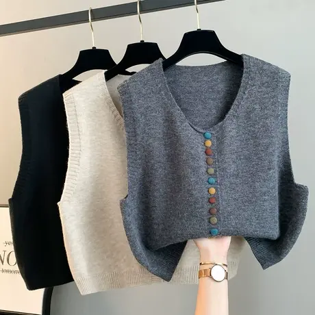 短款彩色纽扣圆领针织马甲女秋冬季新款宽松百搭无袖叠穿毛衣背心商品大图