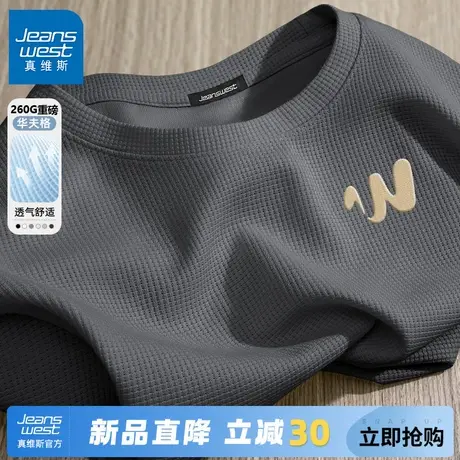 GV真维斯男生T恤短袖夏天深灰重磅宽松透气华夫格户外男式体恤衫C商品大图