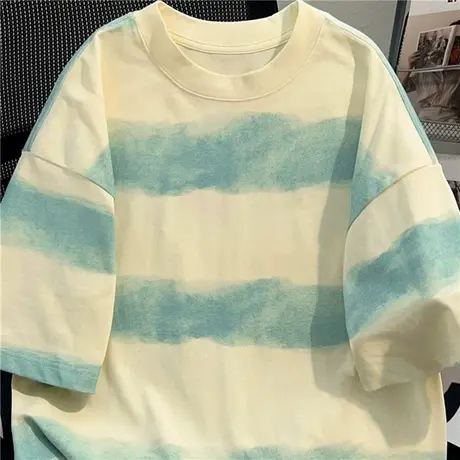 美式夏季新款潮牌复古条纹圆领短袖T恤男女宽松百搭情侣休闲上衣商品大图