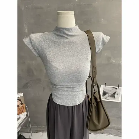 ins韩风～气质半高领螺纹上衣紧身短袖T恤打底衫纯色内搭夏2023图片