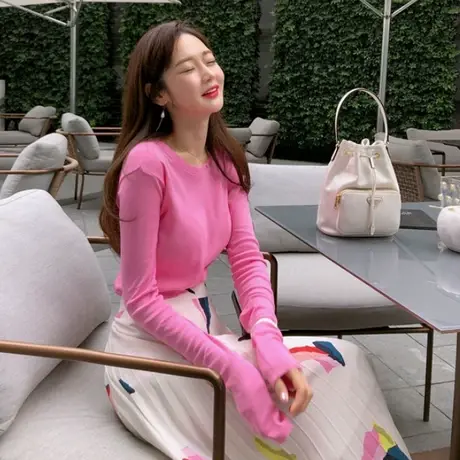 韩国chic新款时尚上衣2021春秋季新款韩版修身ins打底粉色长袖T恤商品大图