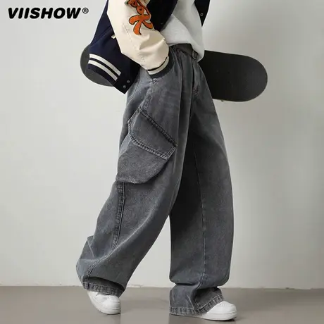 VIISHOW做旧水洗侧边立体口袋工装牛仔裤男秋季款宽松潮牌直筒长商品大图