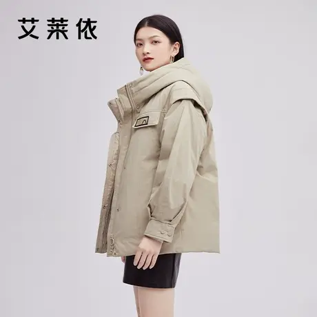 艾莱依新品短款工装羽绒服女冬季时尚大牌鸭绒防寒连帽设计外套图片