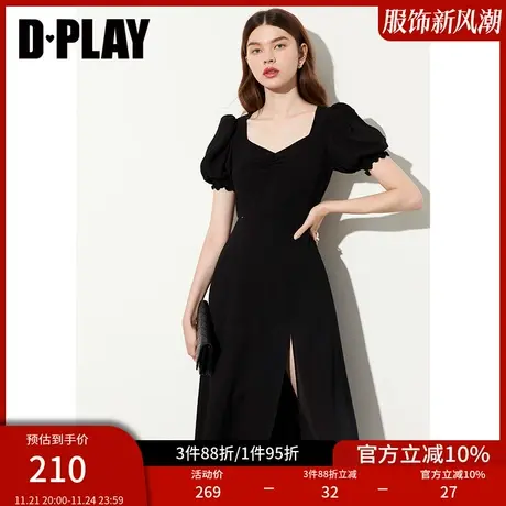 DPLAY德帕拉黑色复古泡泡袖方领法式长款开叉连衣裙赫本小黑裙图片