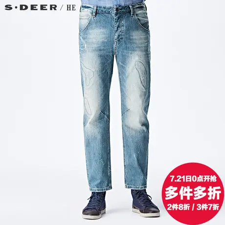 sdeerhe圣迪奥男装2018秋装宽松水洗磨白绣线直筒牛仔裤H16170851图片