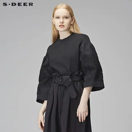 sdeer圣迪奥2018秋新品女黑色女短款公主袖上衣T恤S17382270图片