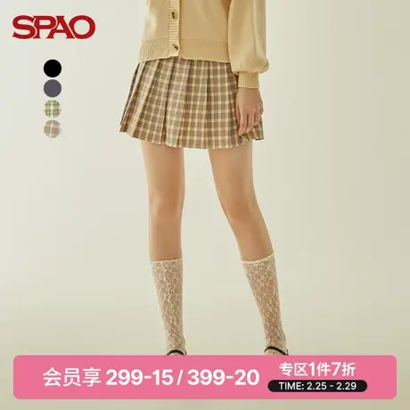 SPAO 女士半身裙春季新时尚款学院风拼接格纹百褶裙SPWHB37S13商品大图