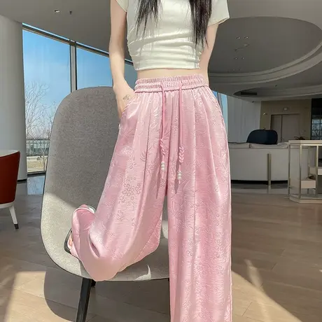 新中式国风提花休闲阔腿裤女夏季薄款高腰冰丝醋酸直筒垂感拖地裤商品大图