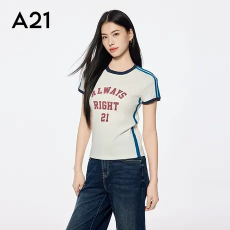 A21女装米白字母印花圆领棉T恤韩版拼接撞色修身上衣美式复古百搭商品大图