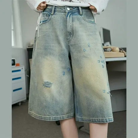 a02水洗做旧破洞复古七分阔腿裤2025春季宽松休闲女式牛仔裤商品大图