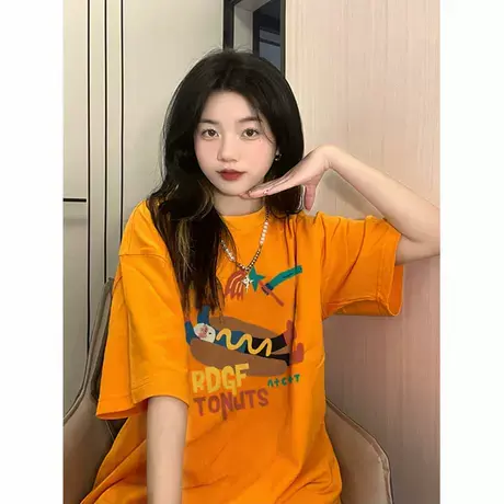 美版橘色正肩短袖t恤女2025新款夏爆款小个子多巴胺宽松半袖上衣图片