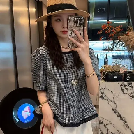 法式格子短袖衬衫女2025夏季新款宽松显瘦小个子上衣时尚洋气小衫图片