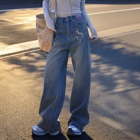 复古怀旧牛仔裤女阔腿裤女2025春秋季新款直筒裤高腰显瘦裤子长裤商品大图