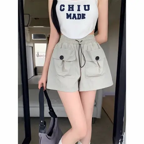 辣妹速干工装短裤女夏季高腰显瘦设计感大口袋抽绳A字休闲阔腿裤商品大图
