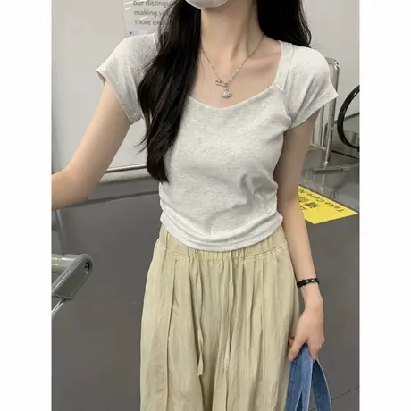 V领露锁骨短袖T恤女夏季修身内搭韩版打底衫短款正肩褶皱收腰上衣商品大图
