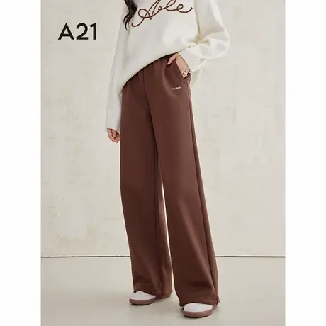 A21女装加绒宽松休闲裤2024冬季新款简约绣花字母长裤加厚裤子图片